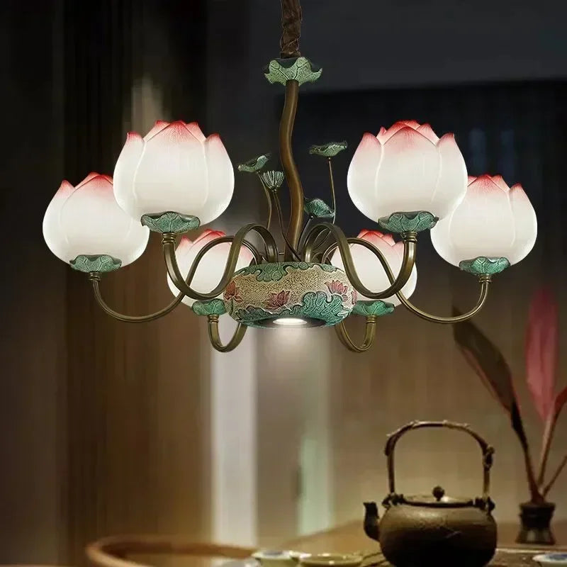 Lotus blossom LED chandelier featuring six floral lights in a dimly lit room, ideal for cozy farmhouse or vintage interiors.