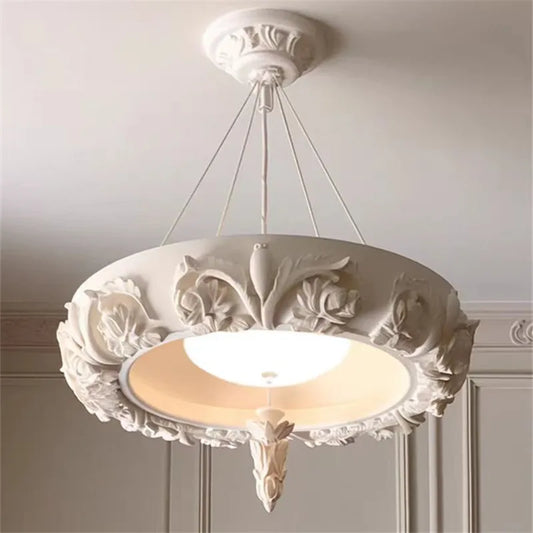 Carved plaster chandelier - french farmhouse ceiling light with floral detailing and LED illumination, ideal for vintage-inspired interiors.