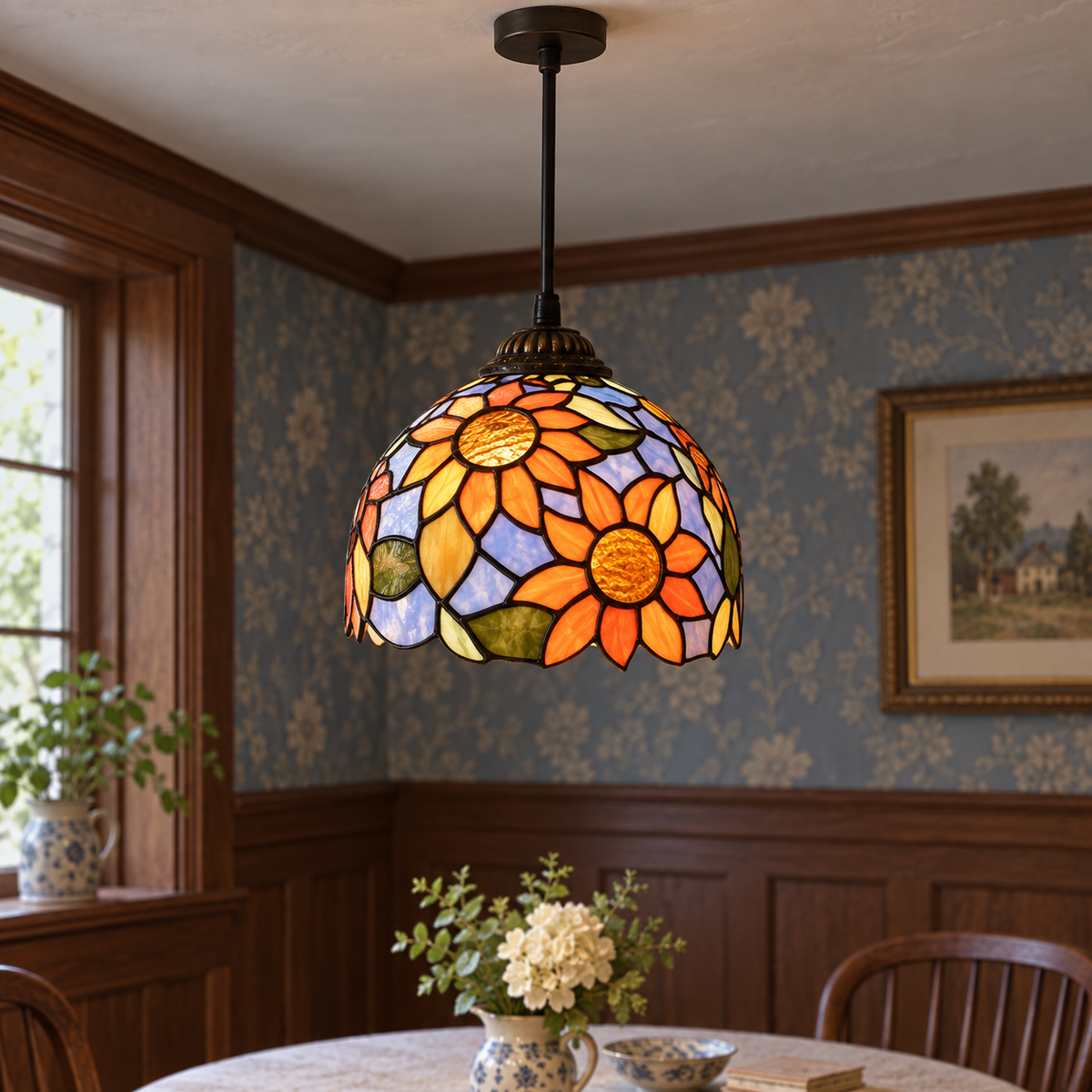 Tiffany-style multicolor stained-glass pendant light