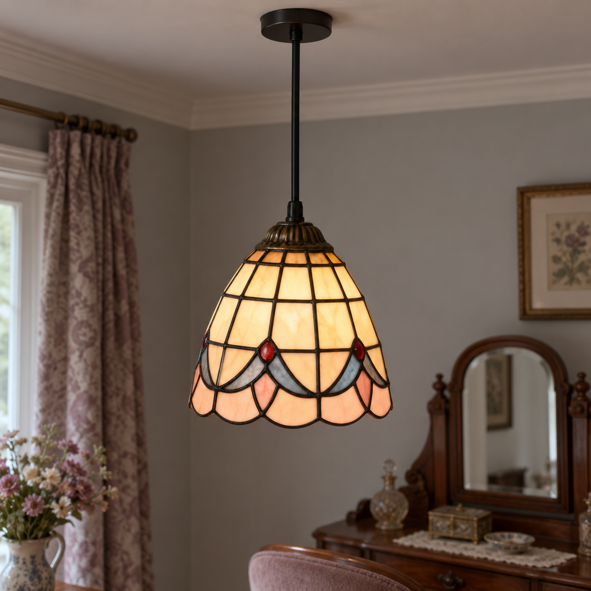 Tiffany-style multicolor stained-glass pendant light