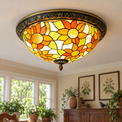 Ronde glazen plafondlamp in Tiffany-stijl