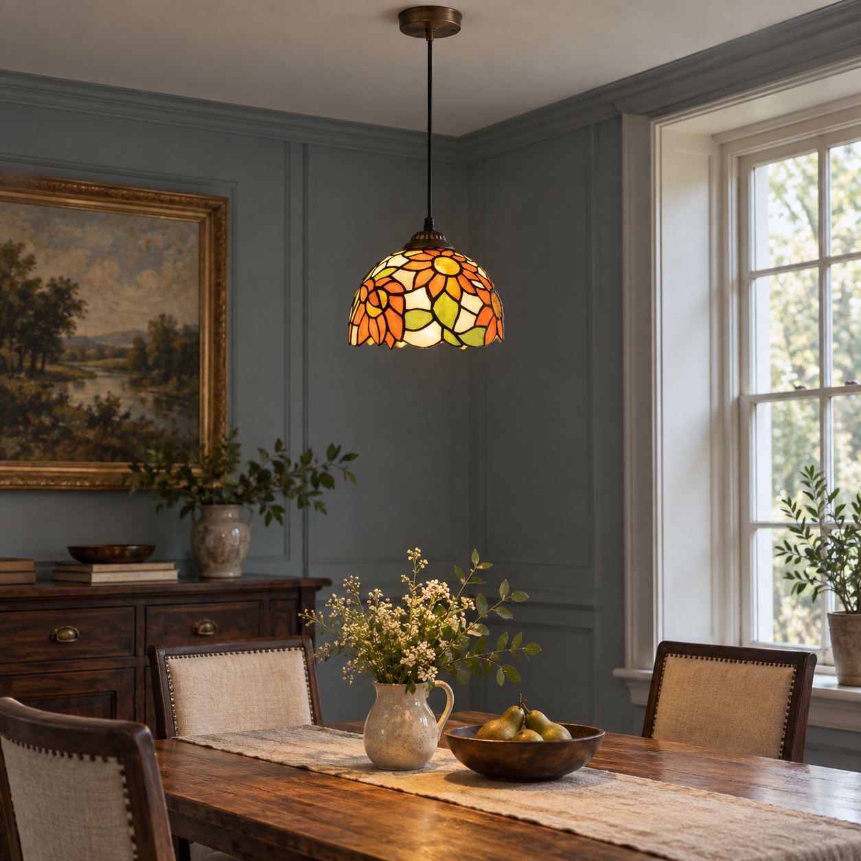 Tiffany-style multicolor stained-glass pendant light