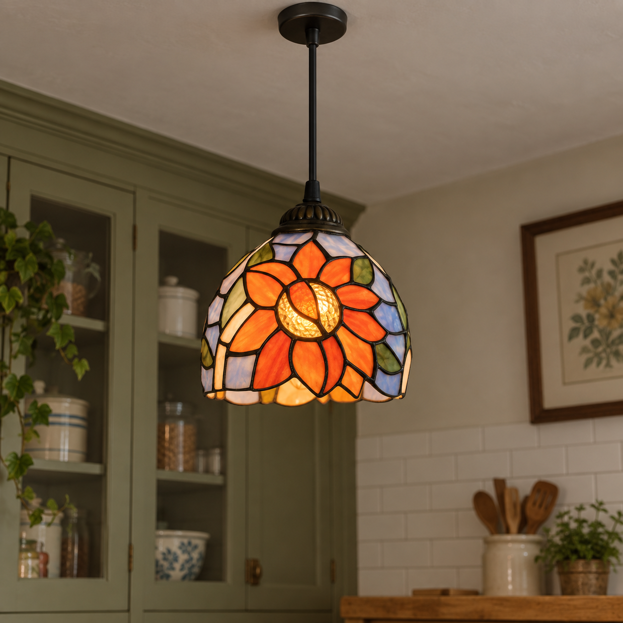 Tiffany-style multicolor stained-glass pendant light