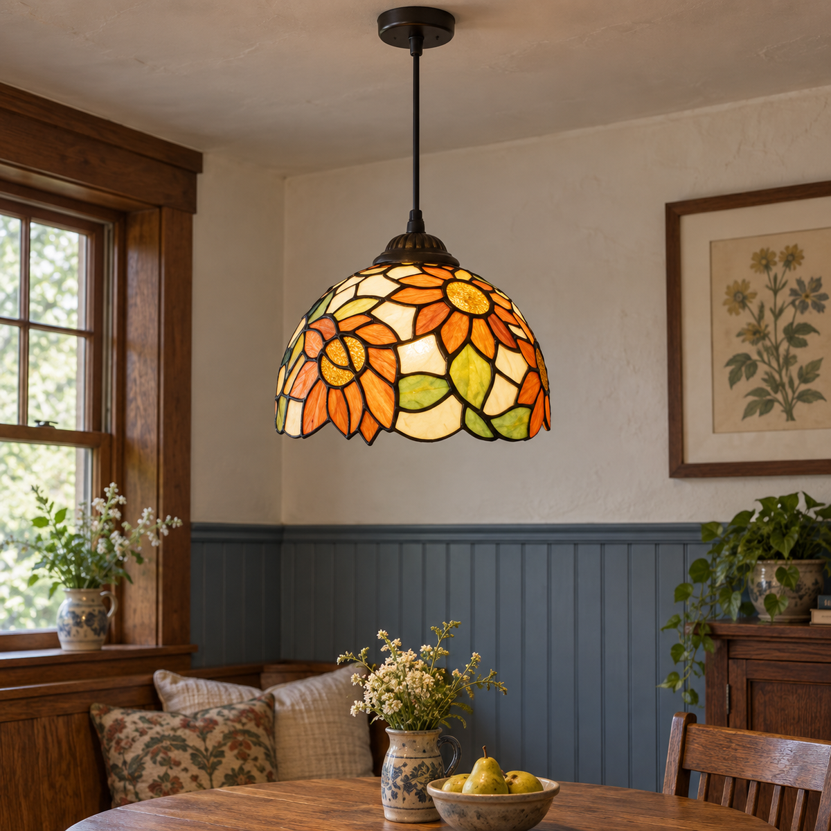 Tiffany-style multicolor stained-glass pendant light
