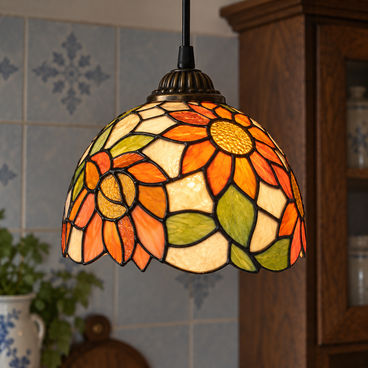 Tiffany-style multicolor stained-glass pendant light