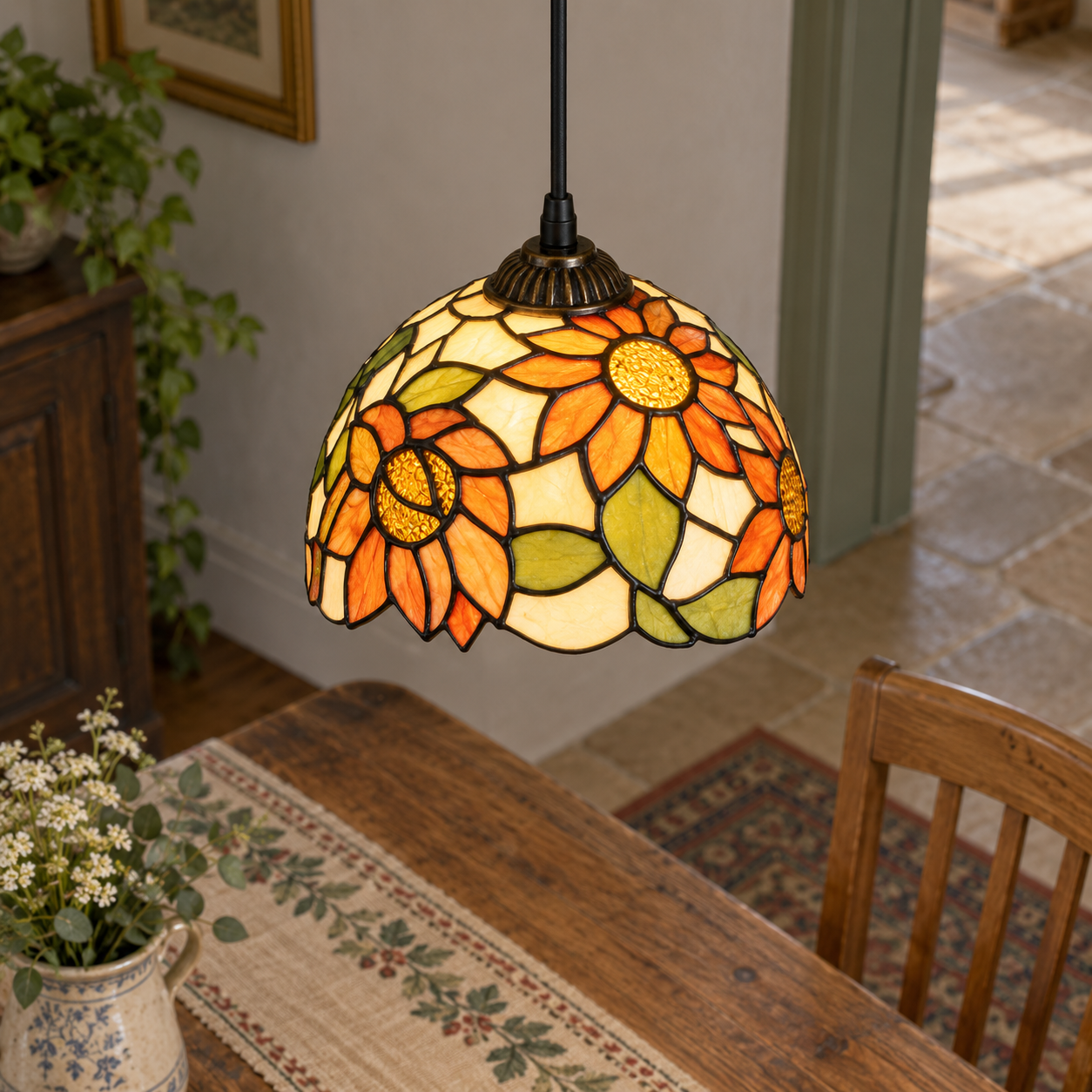 Tiffany-style multicolor stained-glass pendant light