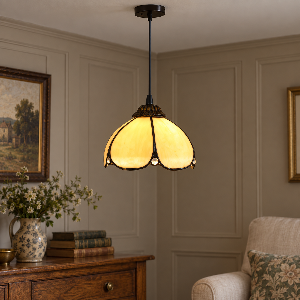 Tiffany-style multicolor stained-glass pendant light