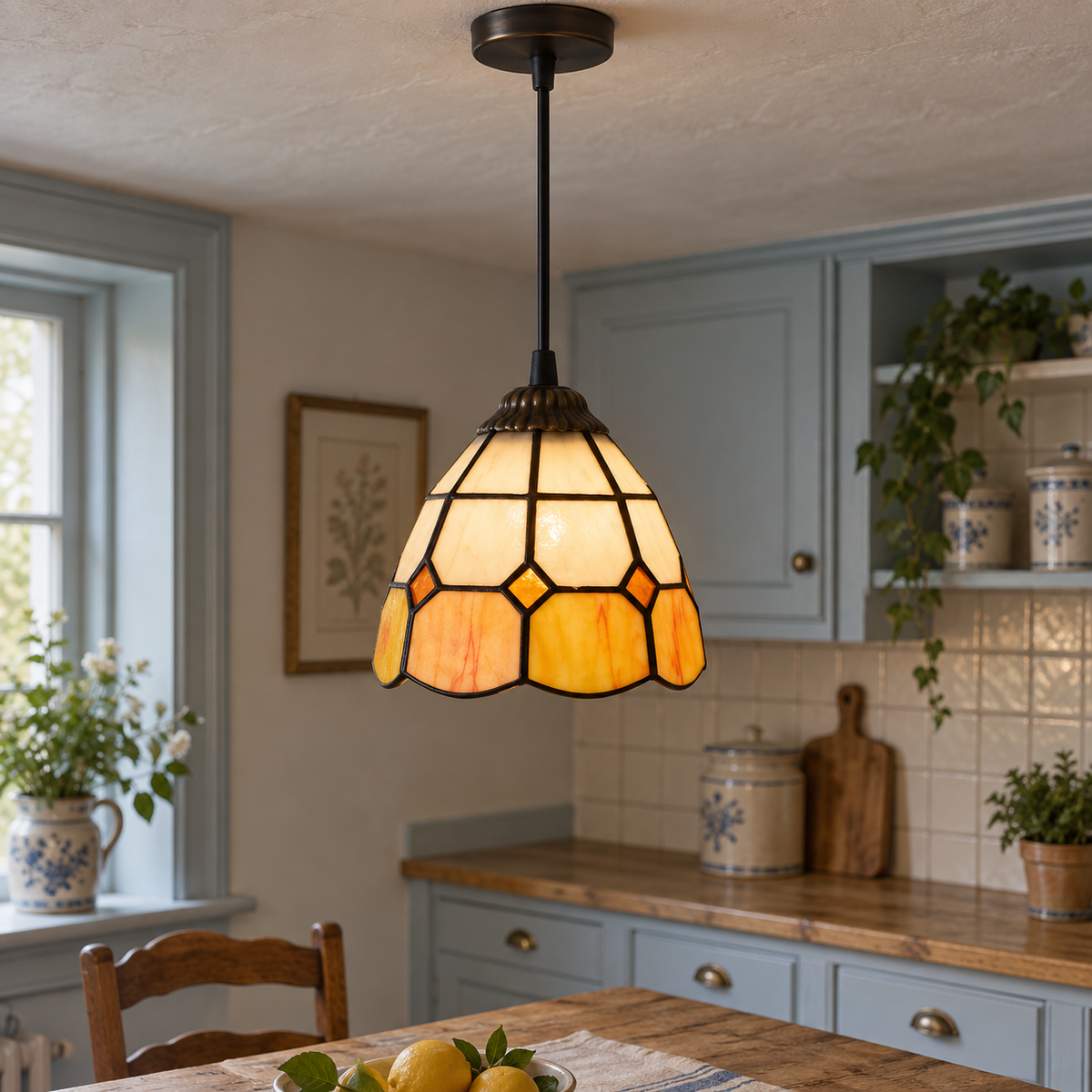 Tiffany-style multicolor stained-glass pendant light
