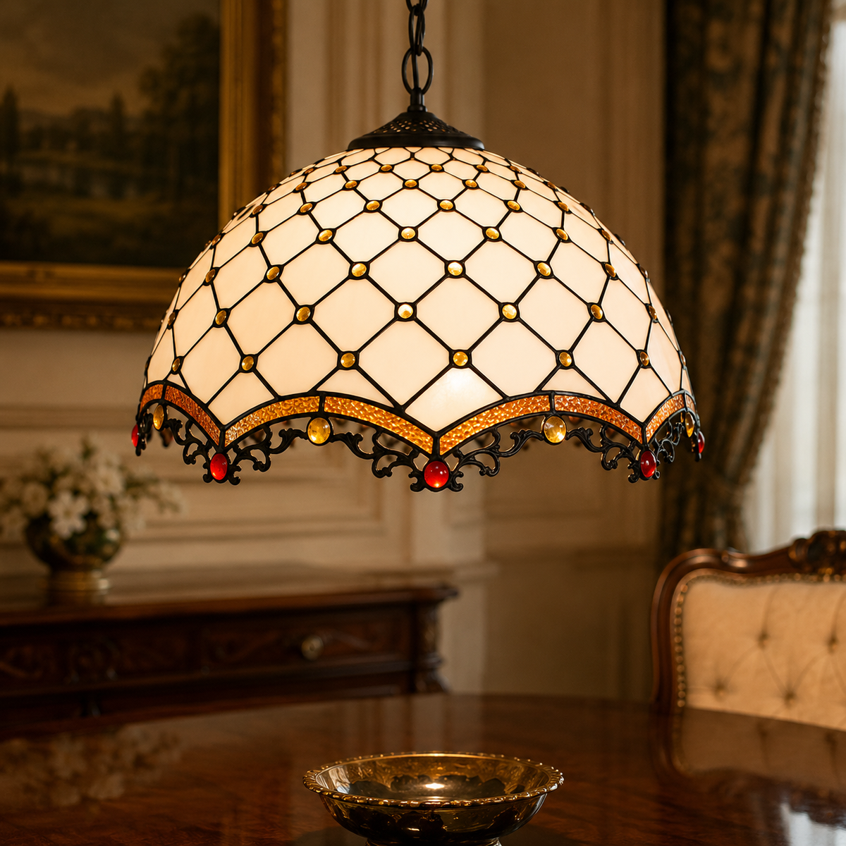 Art nouveau stained glass pendant light