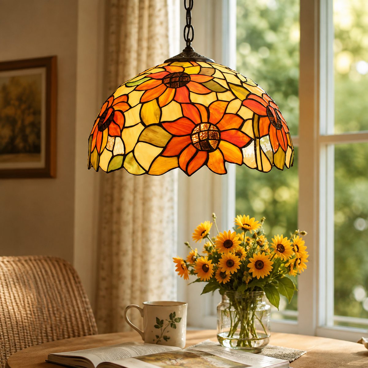 Art nouveau stained glass pendant light