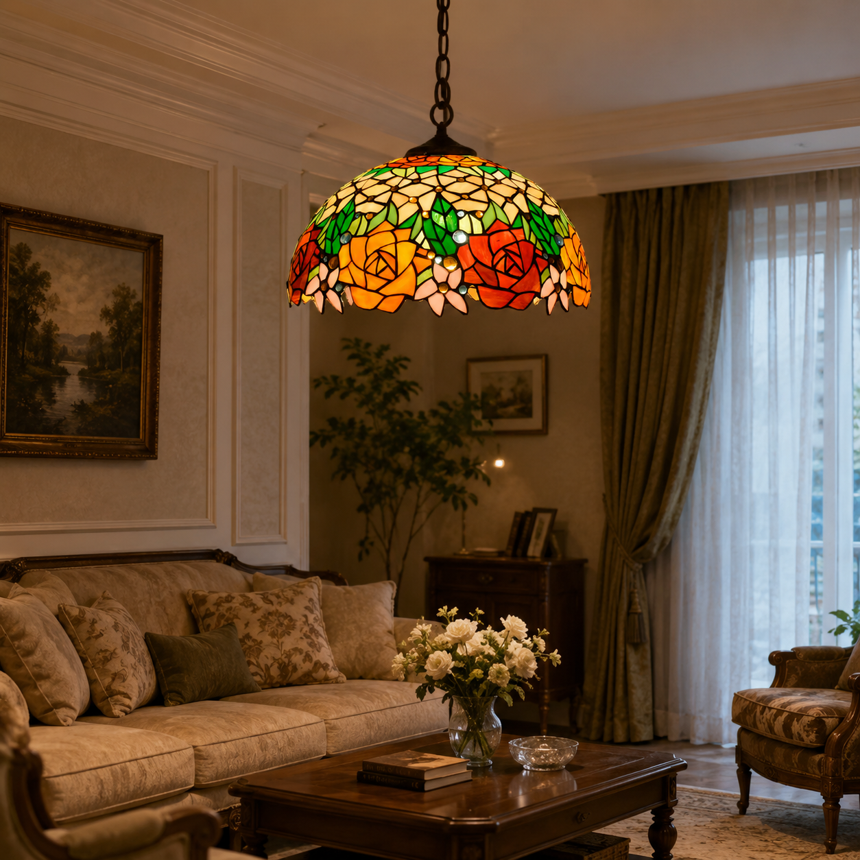 Art nouveau stained glass pendant light