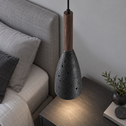 Elevated view of the black stone pendant shade and walnut accent