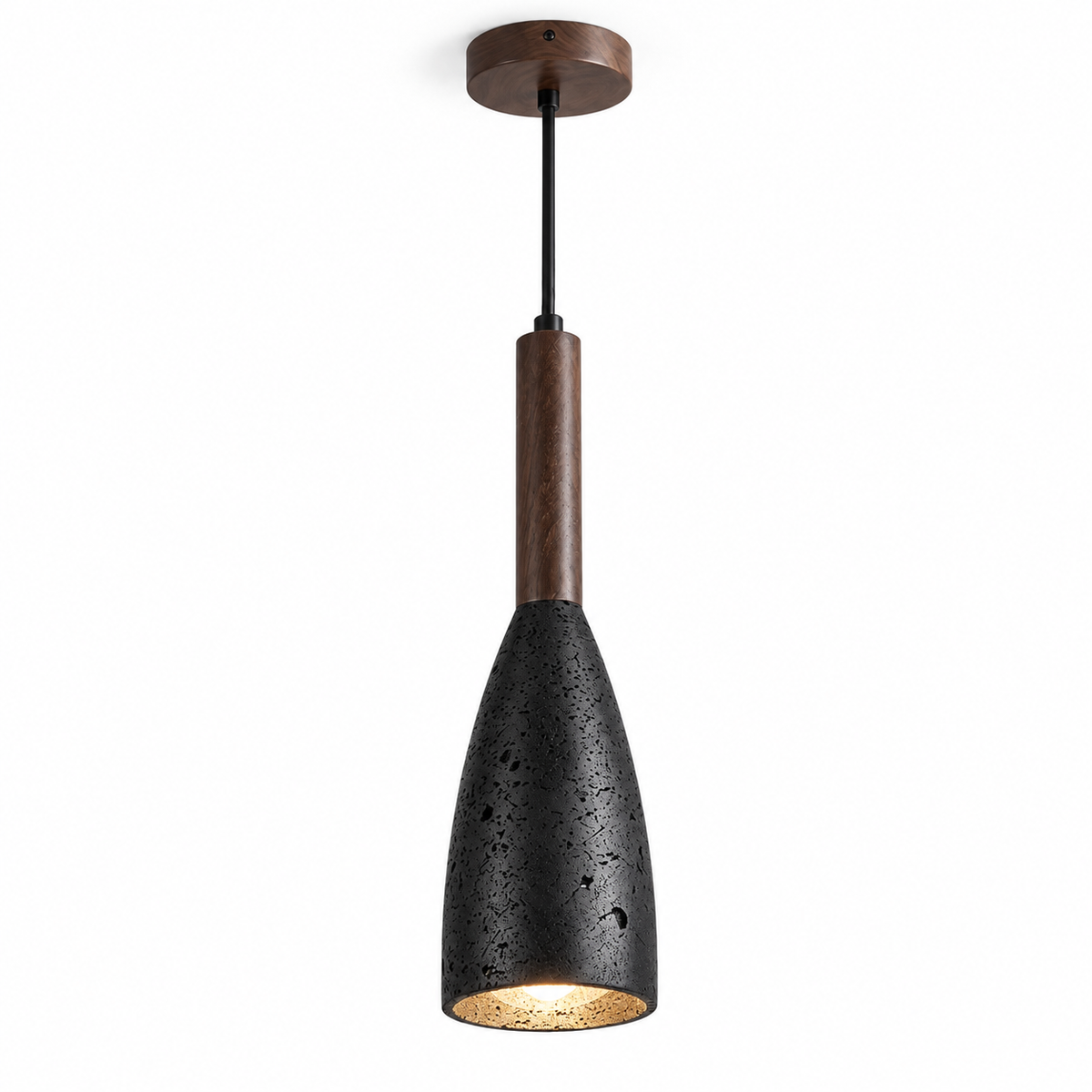 Black stone pendant light with walnut accent on a pure white background