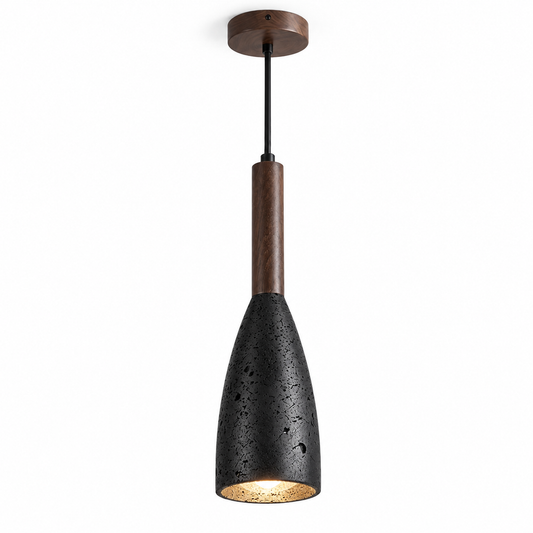 Black stone pendant light with walnut accent on a pure white background