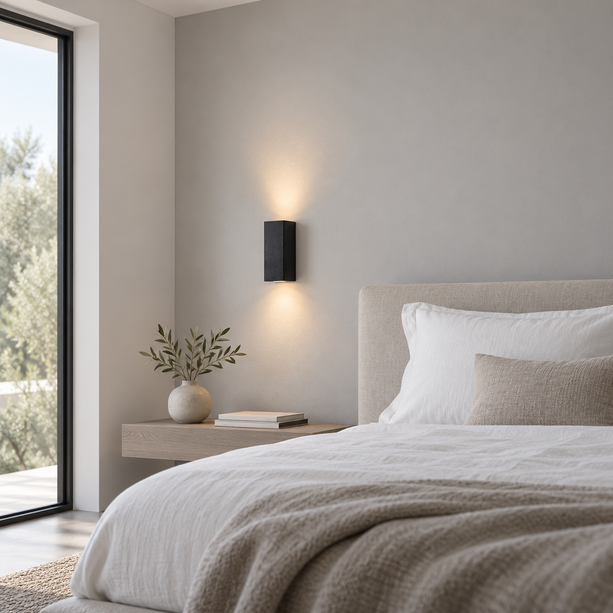 Black stone wall light installed above a bedside table in a neutral minimalist bedroom