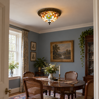 Plafondlamp in Tiffany-stijl met bloemmotief in glas-in-lood