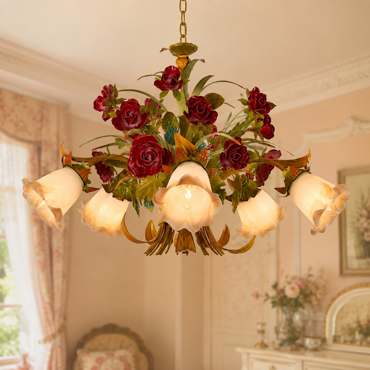 Taklampa med blommig glasrosett