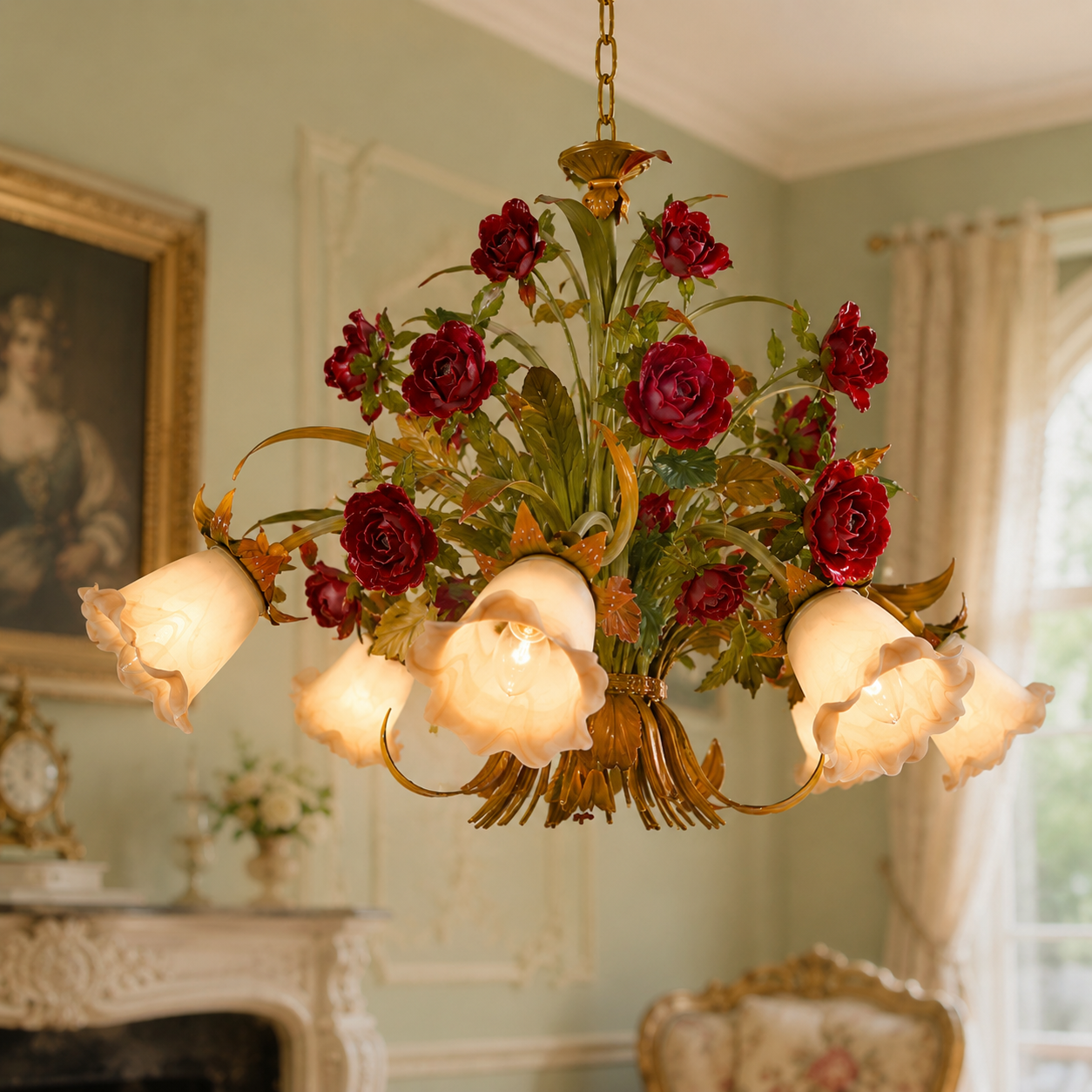 Taklampa med blommig glasrosett