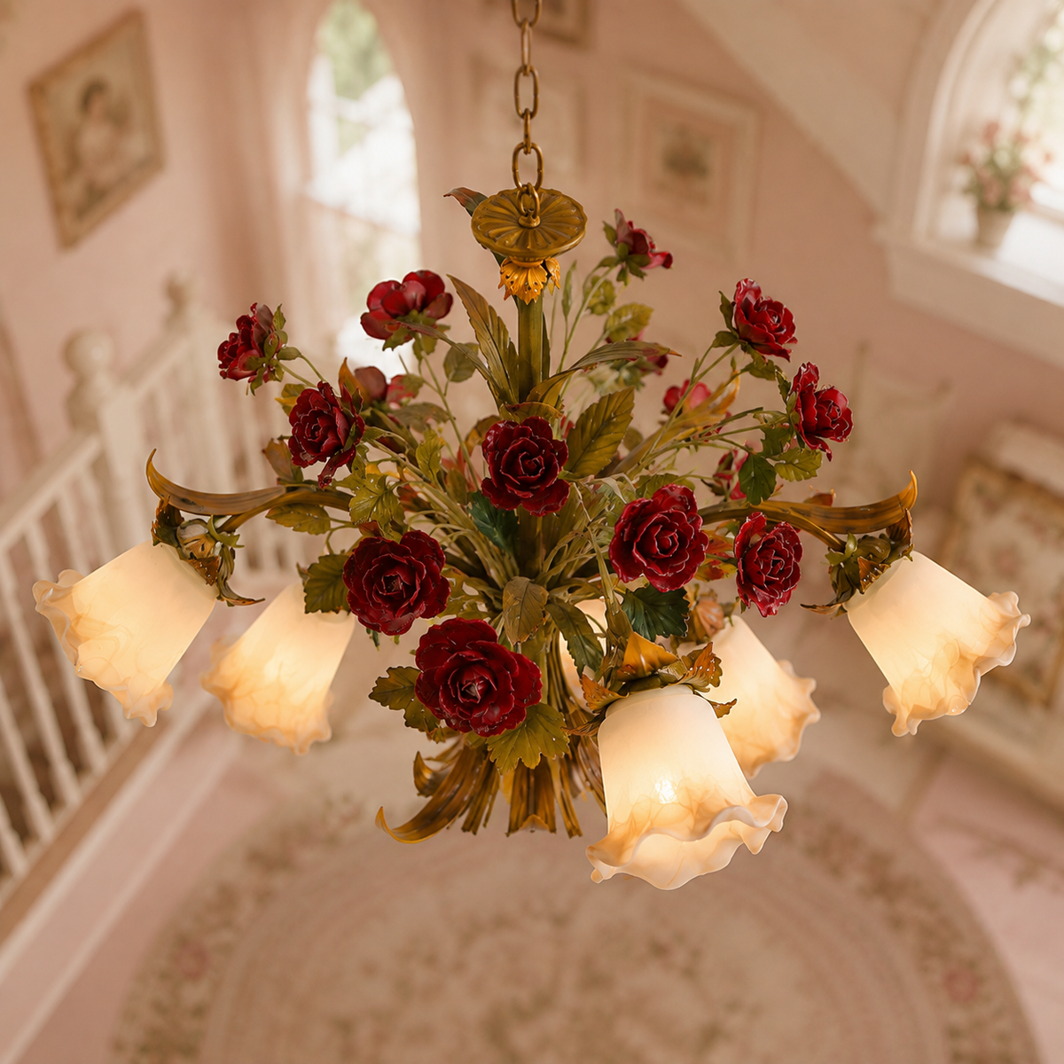 Taklampa med blommig glasrosett