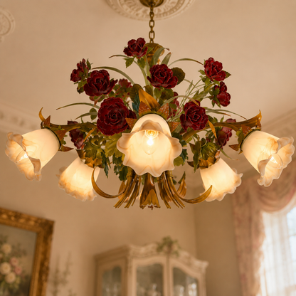 Taklampa med blommig glasrosett