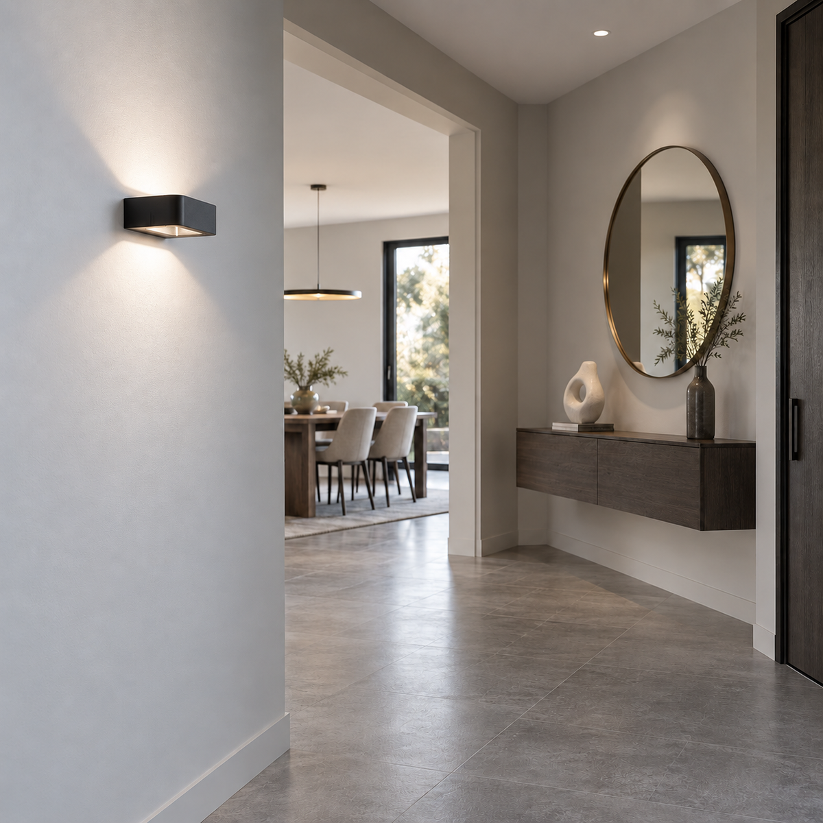 Black Down-Up Waterproof Wall Light, 14 cm wide × 12 cm deep × 4.5 cm high, installed in a modern hallway