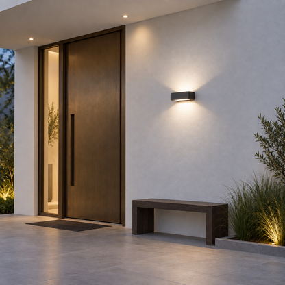 Black Down-Up Waterproof Wall Light, 14 cm wide × 12 cm deep × 4.5 cm high, installed beside a modern entry door