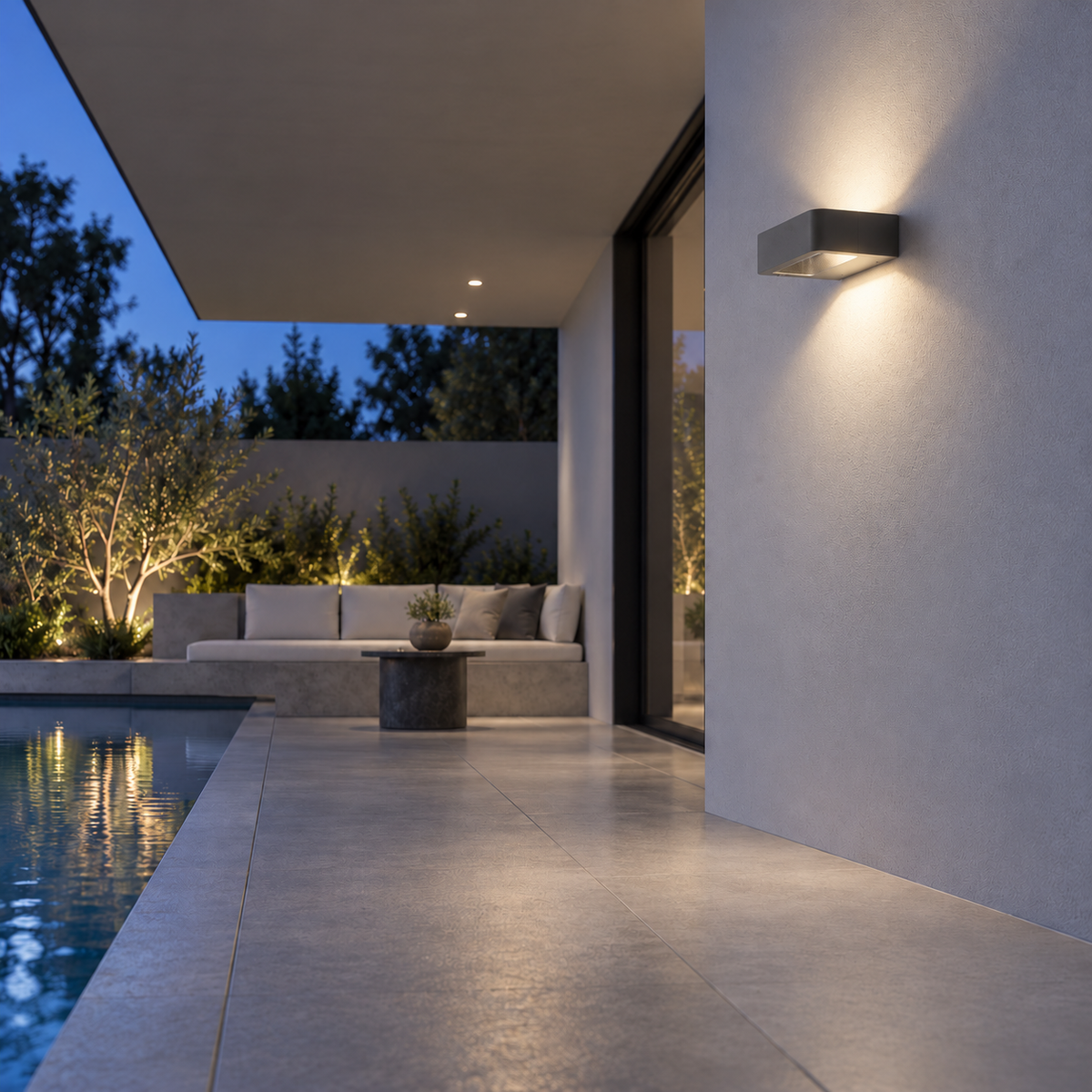 Gray Down-Up Waterproof Wall Light, 14 cm wide × 12 cm deep × 4.5 cm high, installed on an outdoor terrace