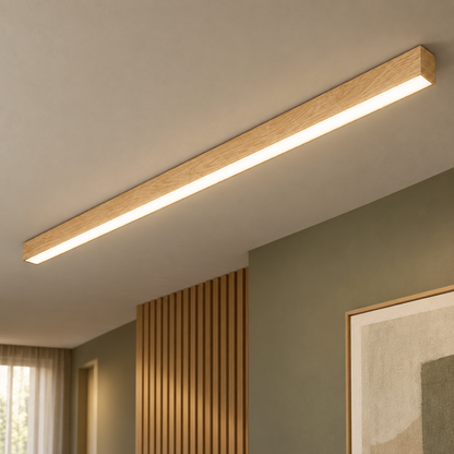 120 cm light blond oak-grain effect ceiling bar light installed in a contemporary interior