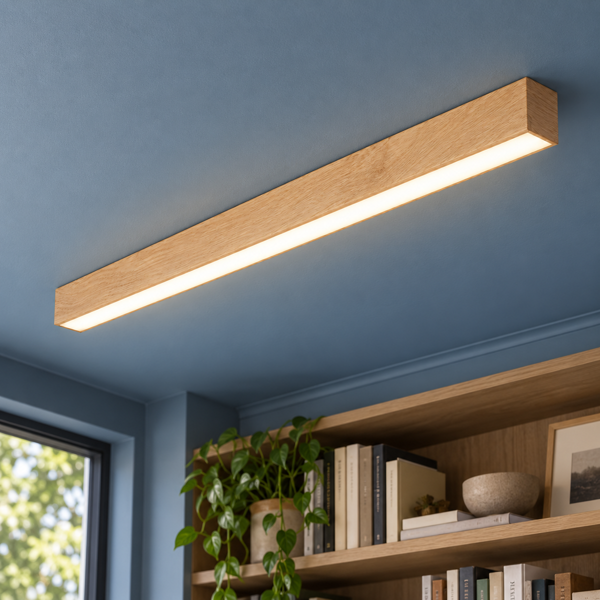 60 cm light blond oak-grain effect ceiling bar light installed in a contemporary interior