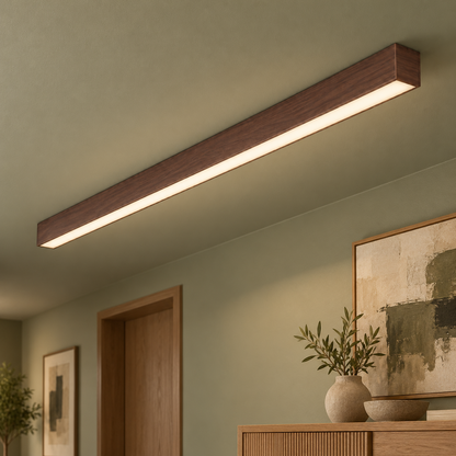 100 cm dark reddish brown walnut-grain effect ceiling bar light installed in a contemporary interior