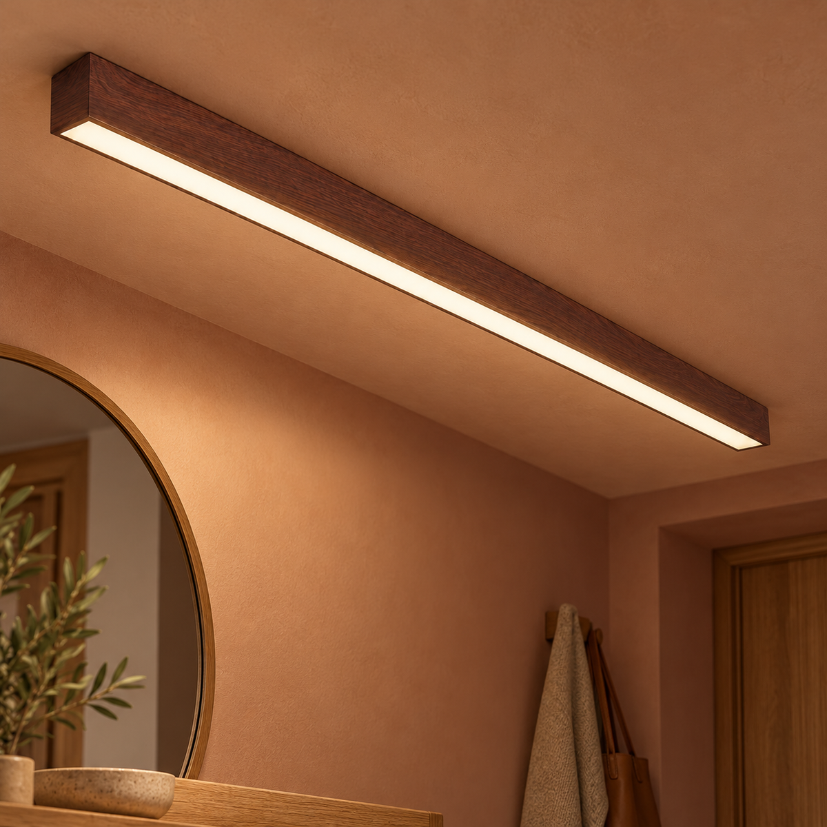 60 cm dark reddish brown walnut-grain effect ceiling bar light installed in a contemporary interior