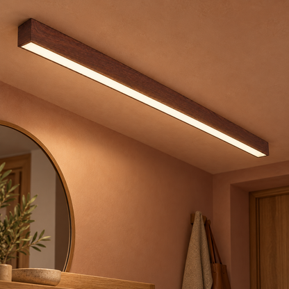 60 cm dark reddish brown walnut-grain effect ceiling bar light installed in a contemporary interior