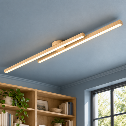 light wood effect offset twin bar ceiling light, 120 cm, installed in a contemporary interior
