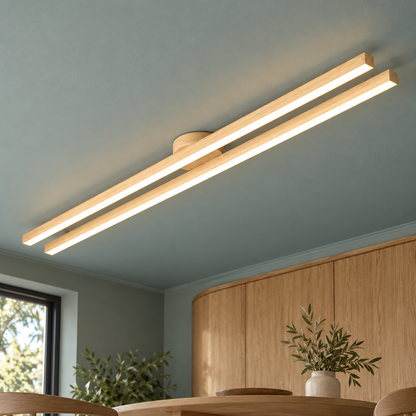 light wood effect parallel twin bar ceiling light, 120 cm, installed in a contemporary interior