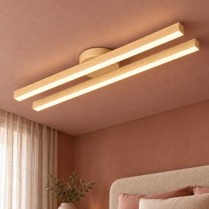 light wood effect parallel twin bar ceiling light, 60 cm, installed in a contemporary interior