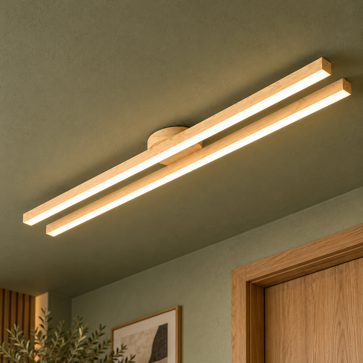 light wood effect parallel twin bar ceiling light, 90 cm, installed in a contemporary interior