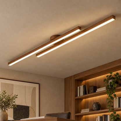 walnut effect offset twin bar ceiling light, 120 cm, installed in a contemporary interior