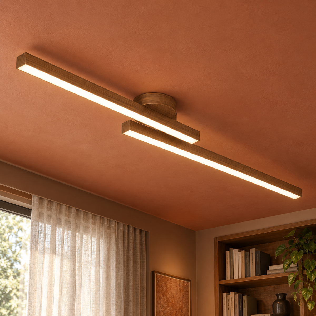 walnut effect offset twin bar ceiling light, 90 cm, installed in a contemporary interior