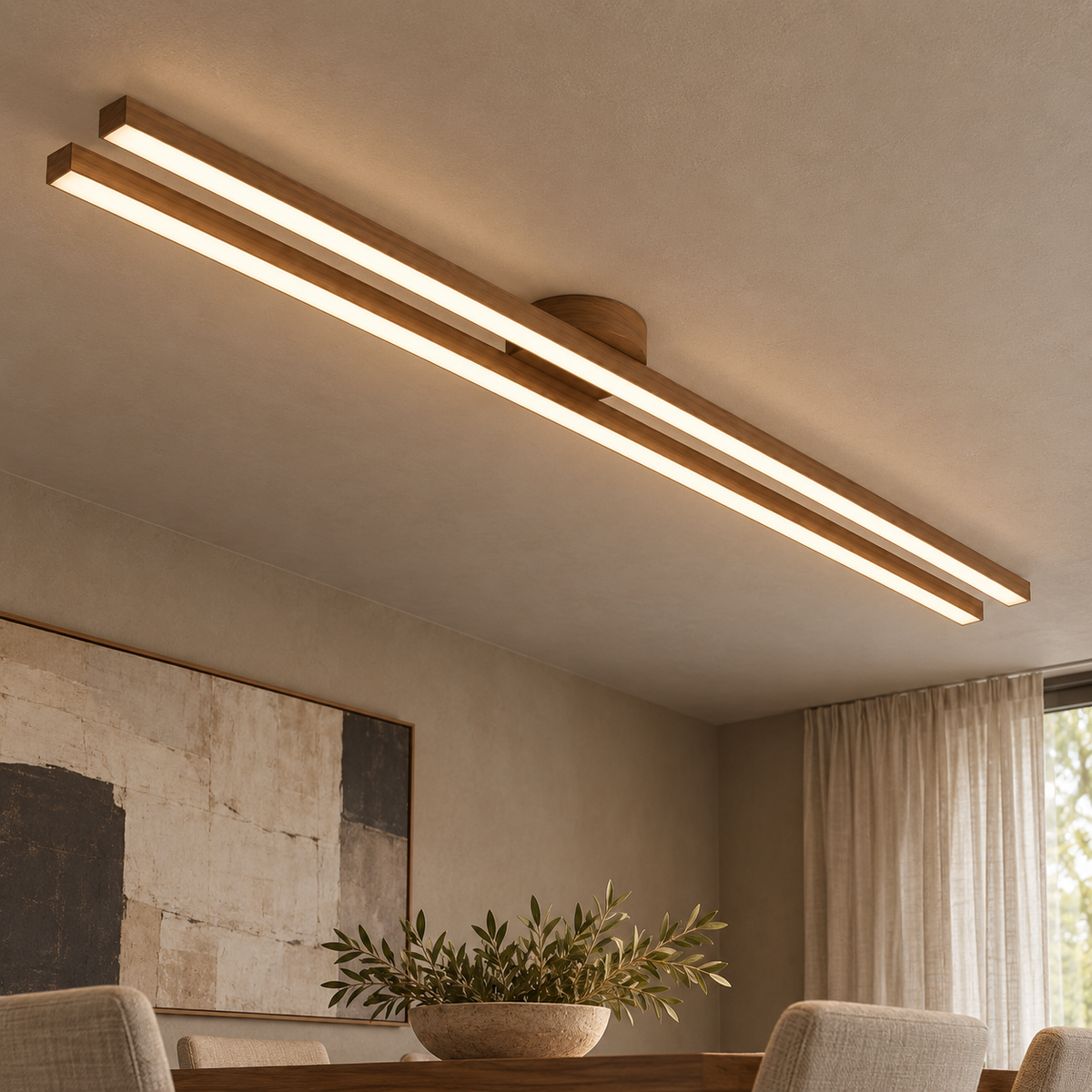walnut effect parallel twin bar ceiling light, 120 cm, installed in a contemporary interior
