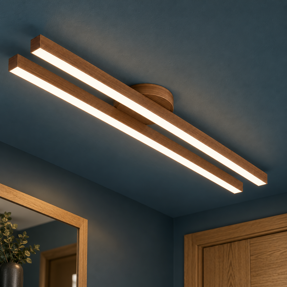 walnut effect parallel twin bar ceiling light, 60 cm, installed in a contemporary interior
