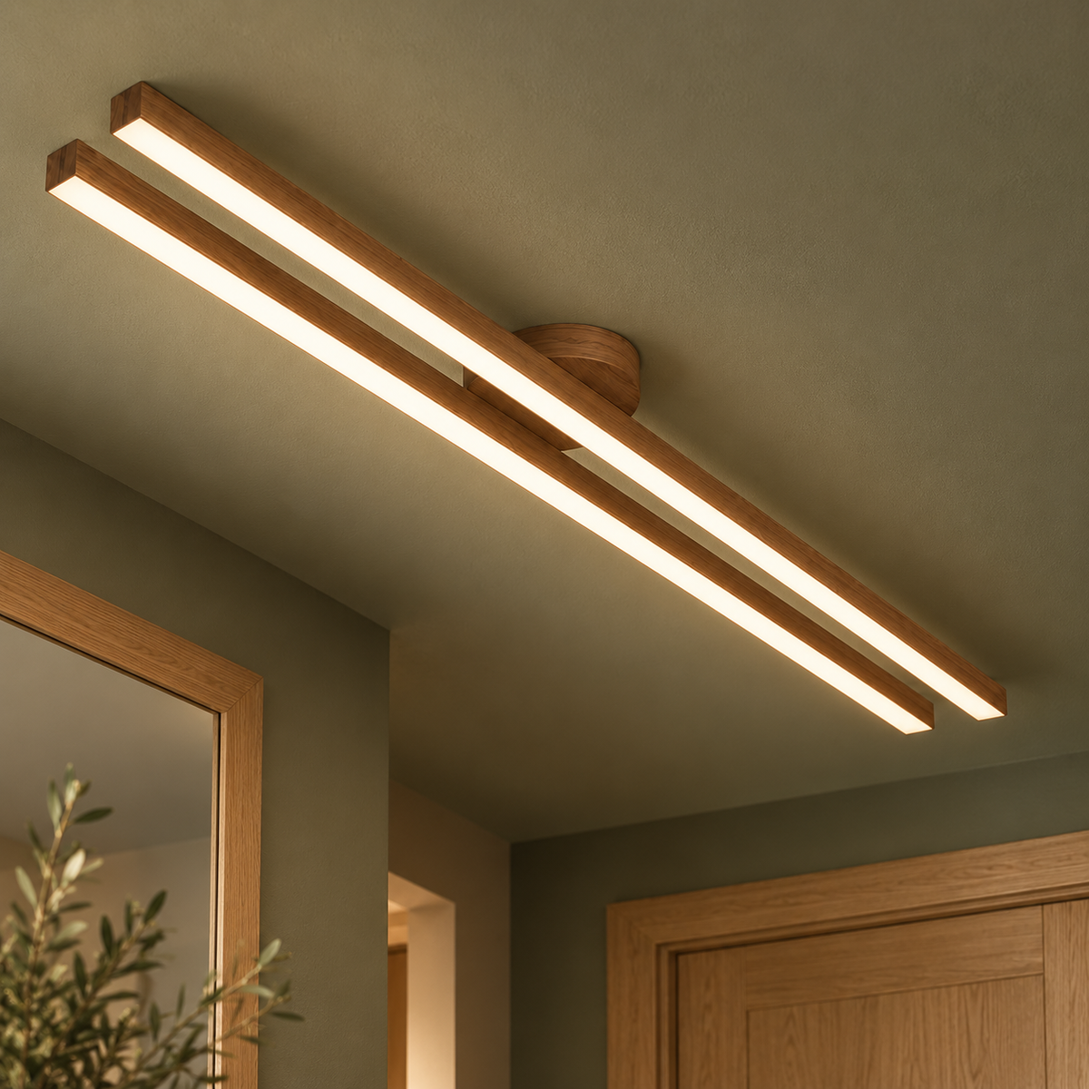 walnut effect parallel twin bar ceiling light, 90 cm, installed in a contemporary interior