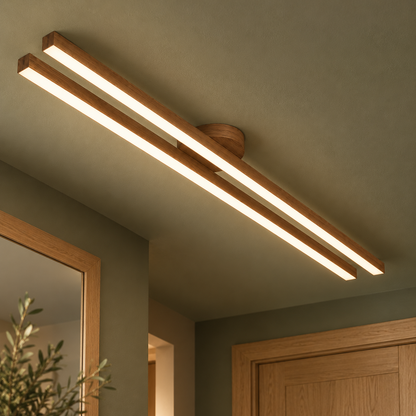 walnut effect parallel twin bar ceiling light, 90 cm, installed in a contemporary interior