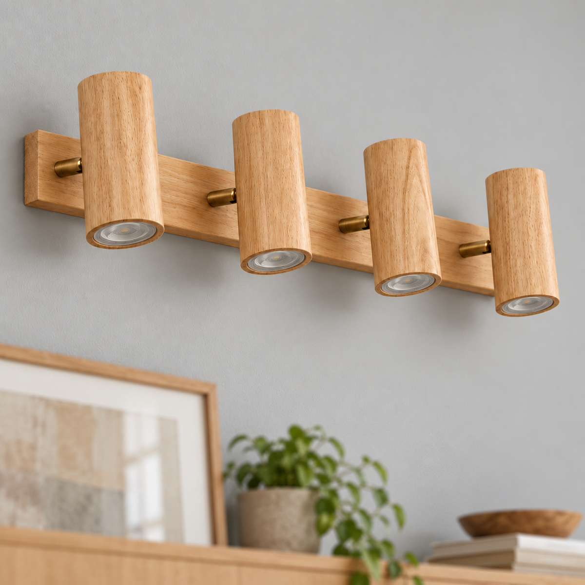 Natural wood 4-light adjustable cylinder spotlights installed in a contemporary interior