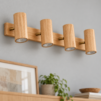 Natural wood 4-light adjustable cylinder spotlights installed in a contemporary interior