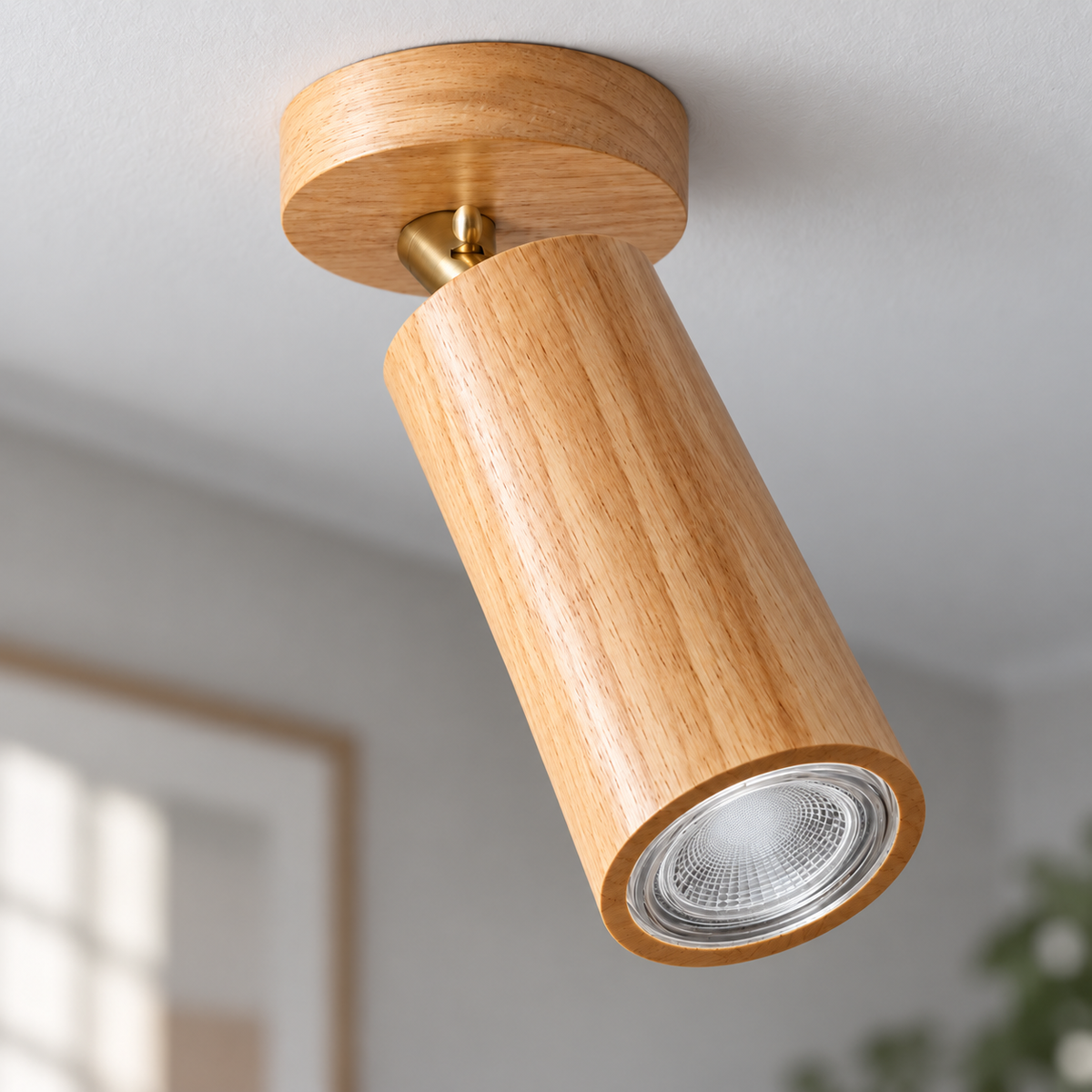 Natural wood 1-light adjustable cylinder spotlights installed in a contemporary interior