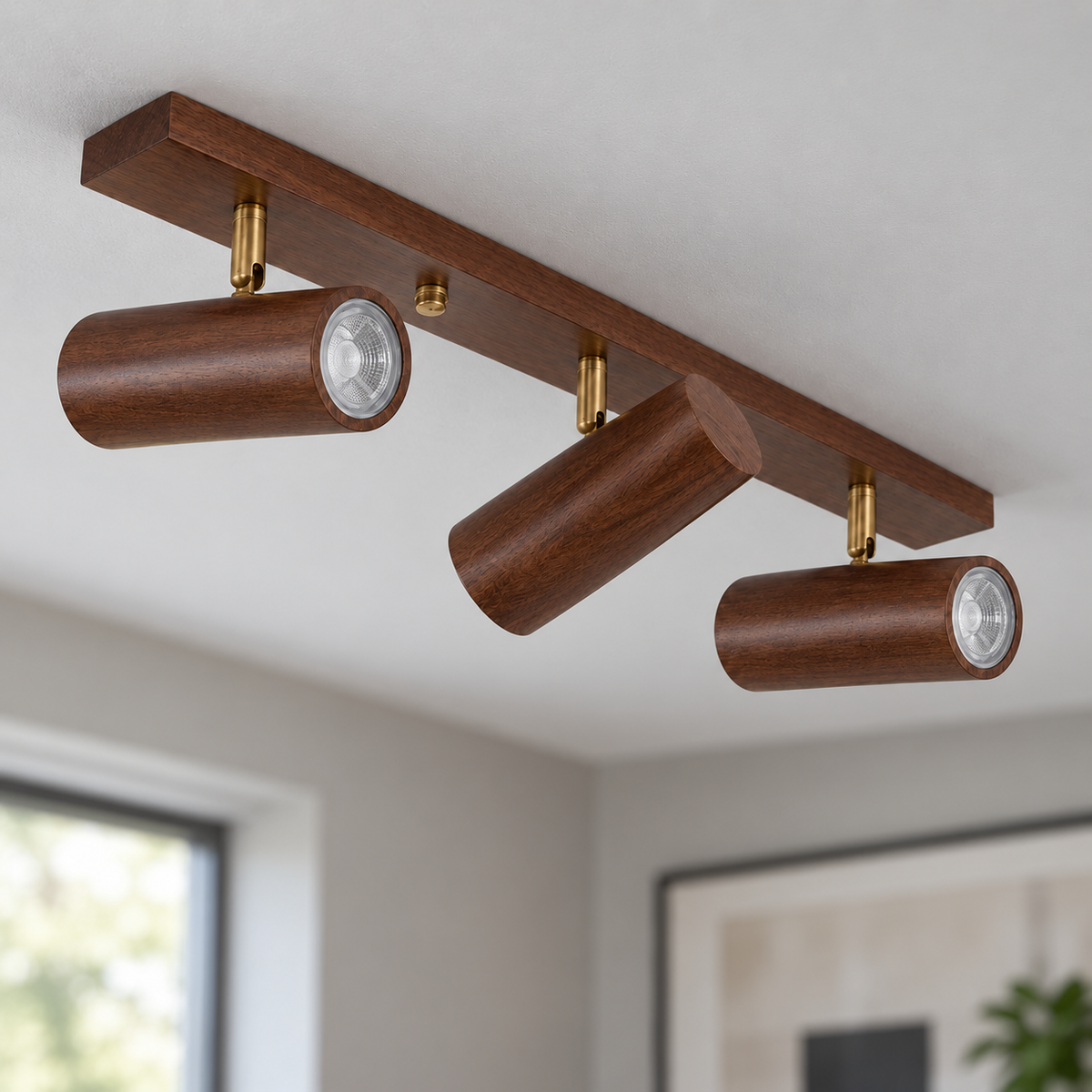 Walnut 3-light adjustable cylinder spotlights installed in a contemporary interior