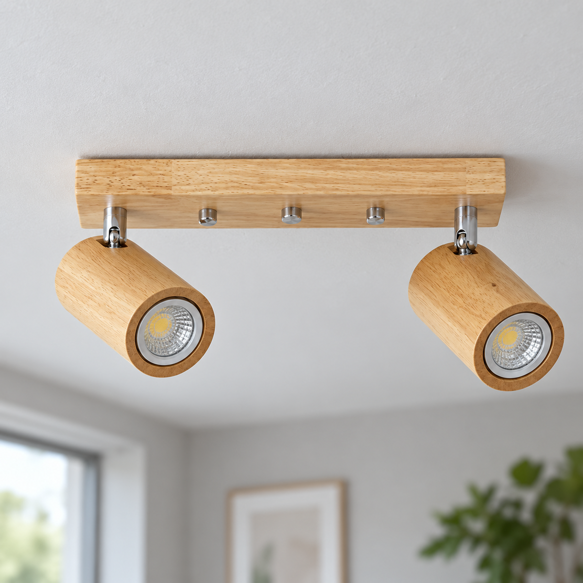 Natural wood 2-light adjustable ceiling bar, 30 cm, installed in a contemporary interior