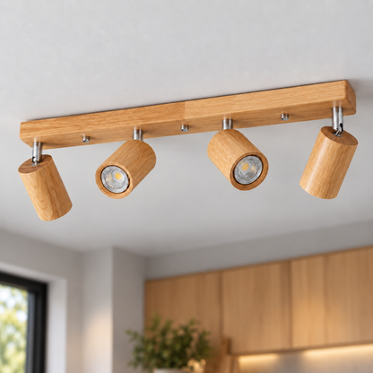 Natural wood 4-light adjustable ceiling bar, 75 cm, installed in a contemporary interior