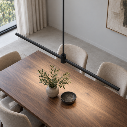 Black 120 cm aluminium pendant seen from above, showing the top of the round bar and adjustable stem joint