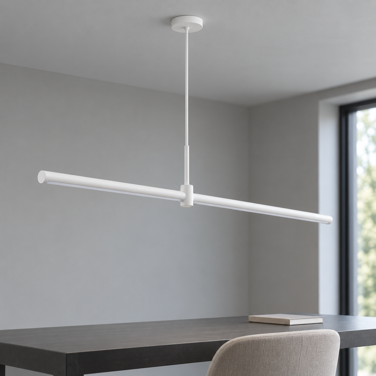 White 100 cm aluminium pendant in a neutral minimalist workspace, light off